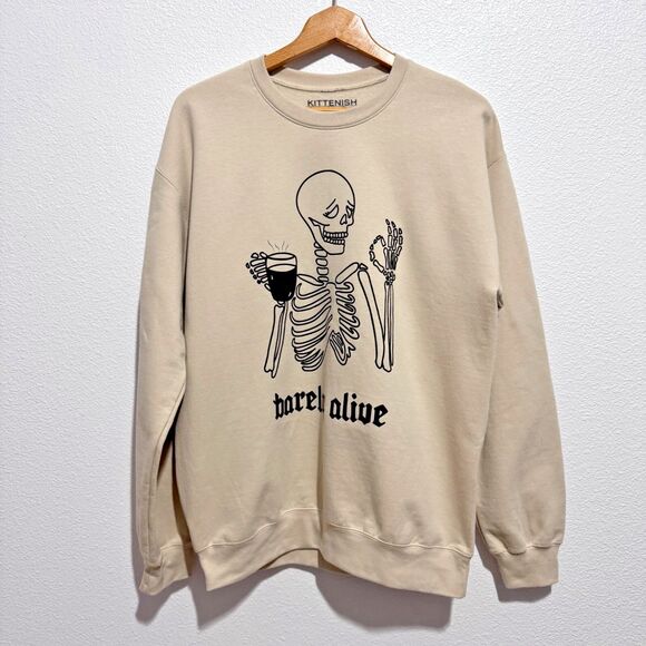 Kittenish Unisex Beige Medium Sweatshirt Cotton 'Barely Awake' Skeleton Print - Picture 1 of 12